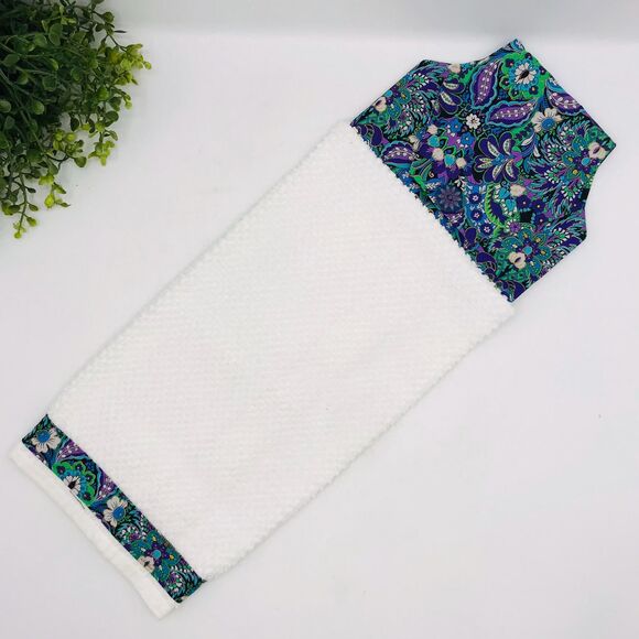 Hanging Kitchen Towel: Purple Green Paisley Topper, Button Closure - Picture 2 of 6